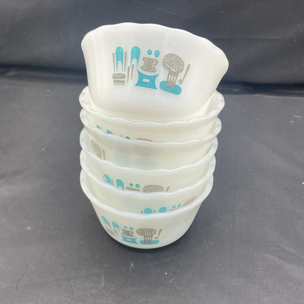 Vintage Fire King Kitchen Gadget Print Dessert Ice Cream Bowls Set of 6